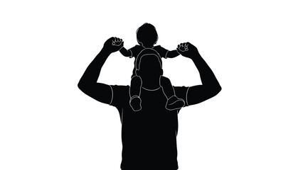 Father carrying child on shoulders silhouette isolated on white