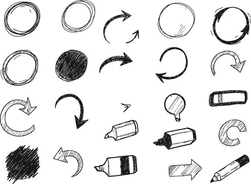 a collection of hand drawn circular shapes arrows writing tools and various sketched elements arranged on a white background high quality