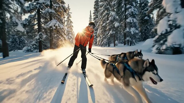 Sled Dog Mushing Through Snowy Forest on Sunny Day