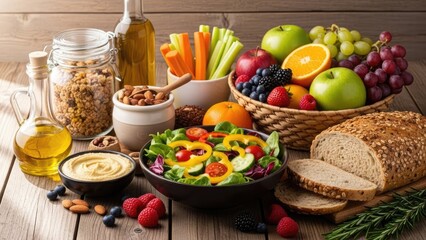 Fresh salad with assorted fruits and bread on a wooden table