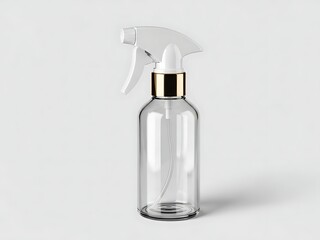 Empty clear glass spray bottle with white and gold trigger sprayer, 3d render on white background