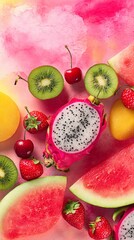 Vibrant assortment of fresh fruits including dragon fruit, strawberries, watermelon, and cherries against a colorful background, perfect for promoting health and wellness.