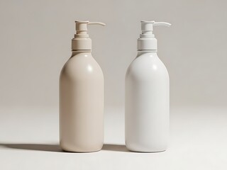Two cosmetic pump dispenser bottles, one beige and one white, standing side by side on a light gray studio background with soft shadows