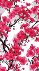 Vibrant cherry blossom branches adorned with stunning pink flowers create an eye-catching pattern, perfect for spring-themed designs, textiles, or home decor enhancements.