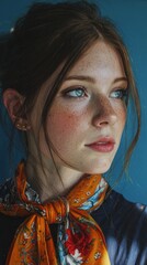 Soft-lit portrait of a young woman with mesmerizing blue eyes, wearing a vibrant orange floral scarf against a deep blue background, capturing ethereal beauty and introspective mood.