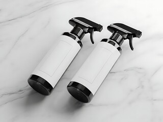 Two blank white spray bottles with black trigger heads lying diagonally on a white marble surface