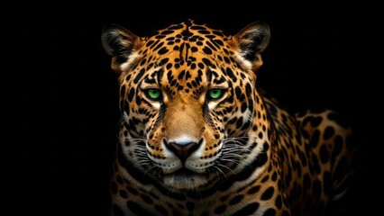 A majestic leopard with piercing green eyes gazes directly at the camera against a dark background