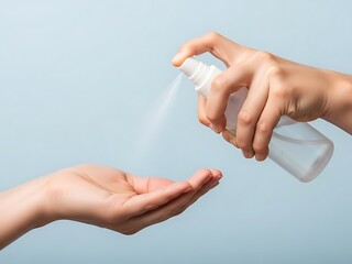 Hand spraying clear liquid from small plastic bottle onto open palm