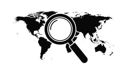 World map with magnifying glass silhouette for global search