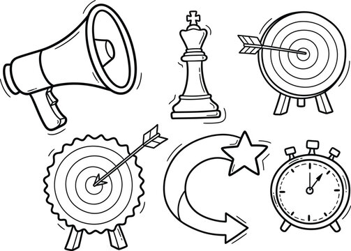 A black and white sketch depicts a megaphone chess piece target with arrow clock and star designs suggesting strategy and communication