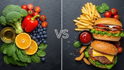 Healthy food versus unhealthy food displayed on a dark background with a contrasting visual comparison