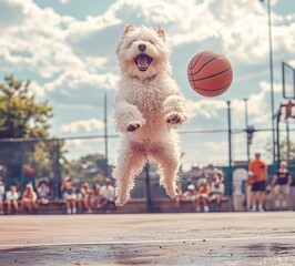 Dog jumps to catch basketball in park during recreation time with people playing sports in background