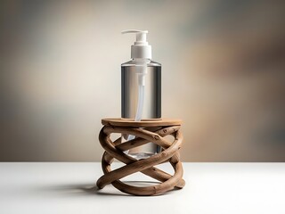 Clear hand sanitizer pump bottle resting on a decorative rustic wooden stand