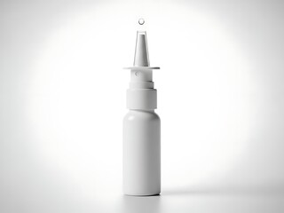 White nasal spray pump bottle with drop of liquid coming out, isolated on white background