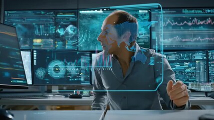 Medium shot of a team member monitoring realtime AI predictions for urban waste flow surrounded by data dashboards and futuristic graphics. - Powered by Adobe