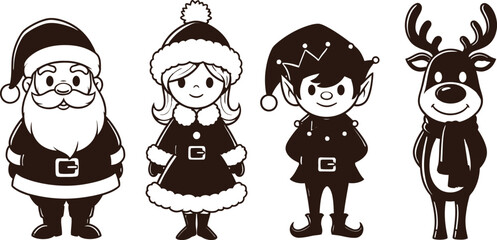a charming black and white illustration depicts santa claus an elf girl another elf and a reindeer standing side by side © GolamKibria