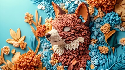 Textured Fox Art: Creative Animal Sculpture Amidst Blue & Orange Foliage
