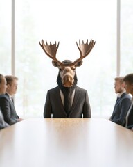 Professional Moose Standing in Suit During Business Meeting with Colleagues in Conference Room