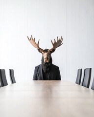 Professional moose seated at conference table in modern office setting with elegant design