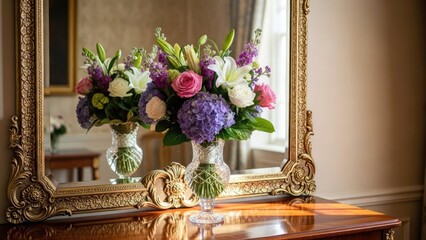 Bouquet of purple and white flowers reflected in an ornate gold-framed mirror on a polished wooden dresser