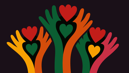 Obraz premium Colorful hands raised with heart symbols on black background