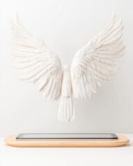 Stunning Hybrid Art Piece of White Bird Wings Hovering Above a Minimalist Base