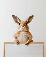 Hybrid Rabbit Posing with Cardboard Sign in Minimalist Studio Setting for Creative Concepts