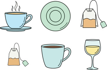 a colorful illustration depicts a variety of hot beverages and glassware including tea coffee and wine presented in a simple style
