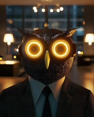 Professional Hybrid Owl with Glowing Eyes in Office Setting for Creative Projects