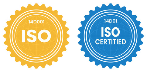 ISO 14001 Certification Seals: Two official seals, one golden and the other blue, proudly display ISO 14001, a globally recognized symbol of environmental responsibility and operational excellence.