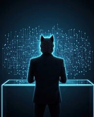 Corporate Figure with Wolf Head Overlooking Digital Data Interface in Futuristic Environment