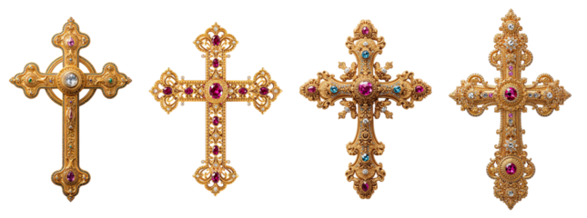 Beautiful vintage gold cross with precious stones isolated on transparent background
