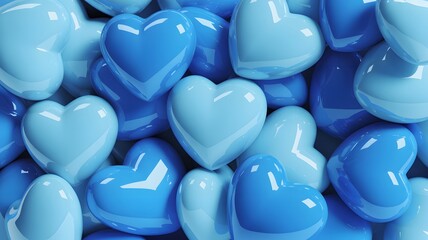 A collection of glossy blue hearts symbolizing love and affection in varying shades