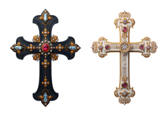 Beautiful vintage gold cross with precious stones isolated on transparent background