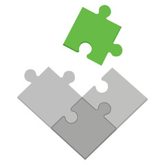 Fototapeta premium Puzzle solution: A single green puzzle piece finds its place in a three-piece puzzle, symbolizing problem solving and completeness. Capturing the idea of unity and resolution