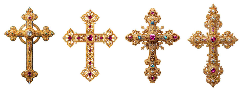 Beautiful vintage gold cross with precious stones isolated on transparent background