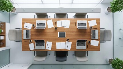 Overhead view of polished wooden conference table with laptops, notebooks, pens, coffee mugs in...