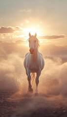 A single white horse moving toward the future at dawn.