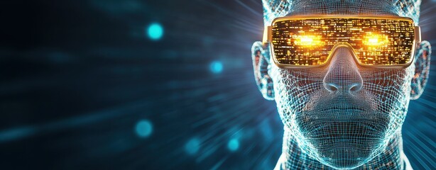 Corporate figure with glowing tiger eyes in futuristic digital concept against a dark background