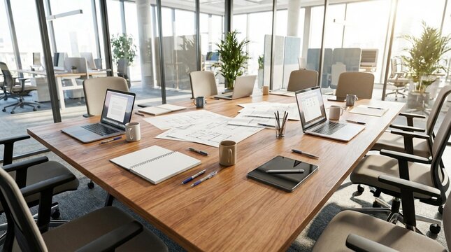 Low angle view of modern open-plan office conference table with laptops, notebooks, coffee mugs and natural light
