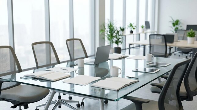 Modern open-plan office conference table with laptops, notebooks, pens, mugs, tablet and empty chairs