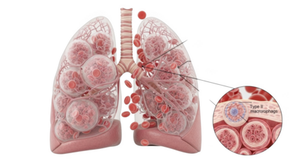 Human lungs alveoli cross section with red blood cells and type I macrophages image