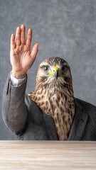 Businessman with Hawk Head Raising Hand in a Professional Setting