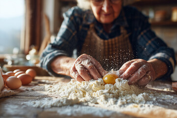 Grandmother's hands kneading dough with flour and a cracked egg in a sunlit rustic kitchen — homemade baking, warm tradition and artisanal recipe prep