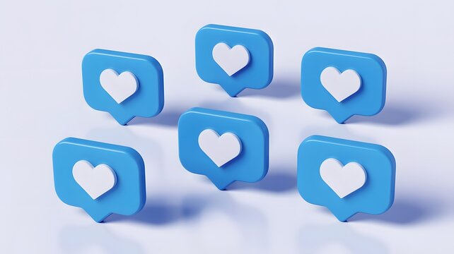 Six 3d social media like notification icons with white hearts on blue speech bubbles - Powered by Adobe