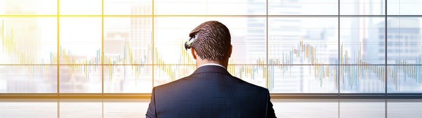 Businessman with Hawk Head Gazing at Financial Charts in Modern Office Setting