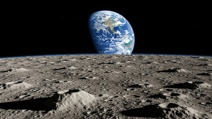 Earth Rising Above the Cratered Lunar Surface in the Blackness of Space