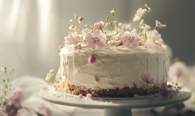 Naklejka premium Frosted white wedding cake adorned with delicate edible flowers, soft light highlighting its elegant details,