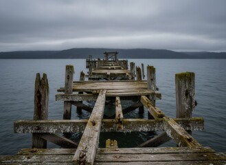 Fototapeta premium Old wooden pier extending into calm water under a cloudy sky. Dilapidated structure showing decay and neglect. Concept of abandonment and passage of time.