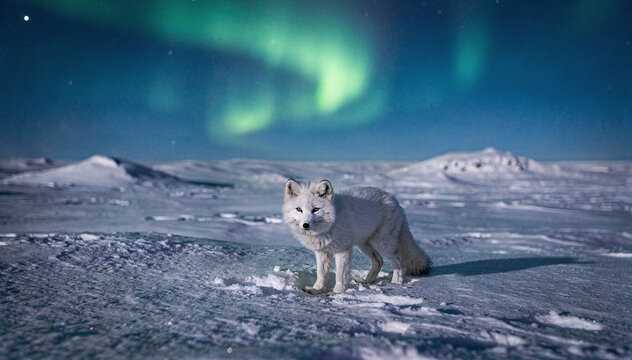 Arctic wolf in the snowy mountains. Aurora borealis, northern lights.
